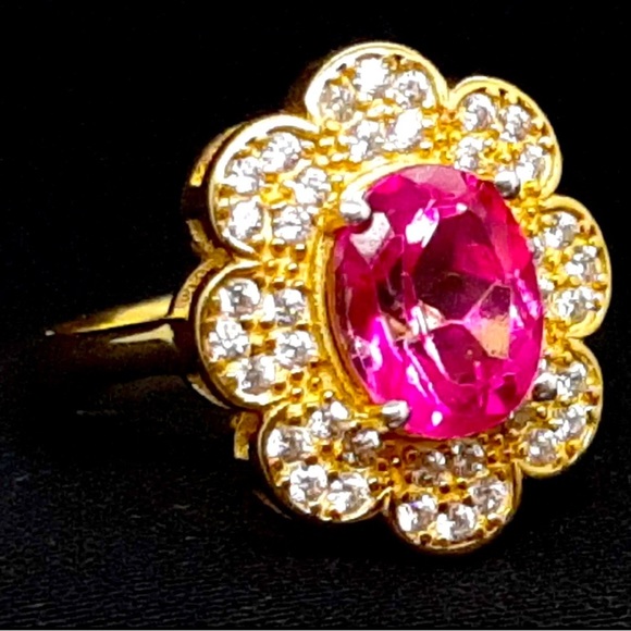 Pink Topaz White Sapphire 14k Gold Over Sterling Silver Ring 2.90 Carat Size 7 - Picture 2 of 10